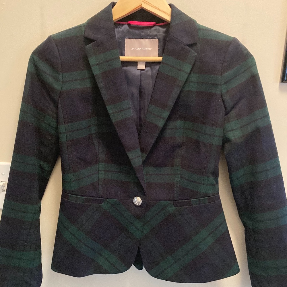 Banana Republic Black Watch Plaid Fitted Blazer